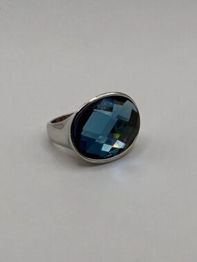 Lia Sophia Silver-Tone Blue Faceted Oval Statement Ring Size 6.75